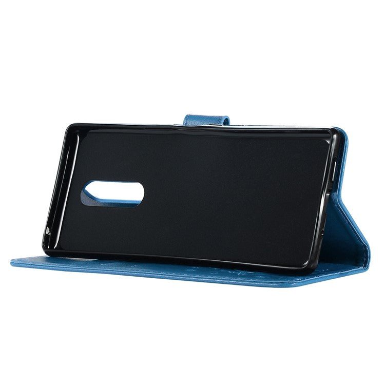 Imprint Butterfly Flower Magnetic Leather Wallet Case for Sony Xperia 1 - Blue