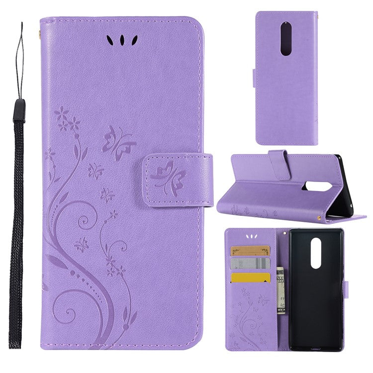 Imprint Butterfly Flower Cell Phone Leather Wallet Case for Sony Xperia 1 - Purple