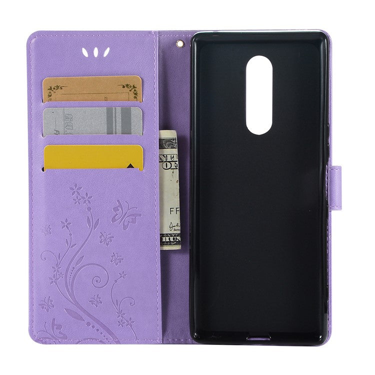 Imprint Butterfly Flower Cell Phone Leather Wallet Case for Sony Xperia 1 - Purple