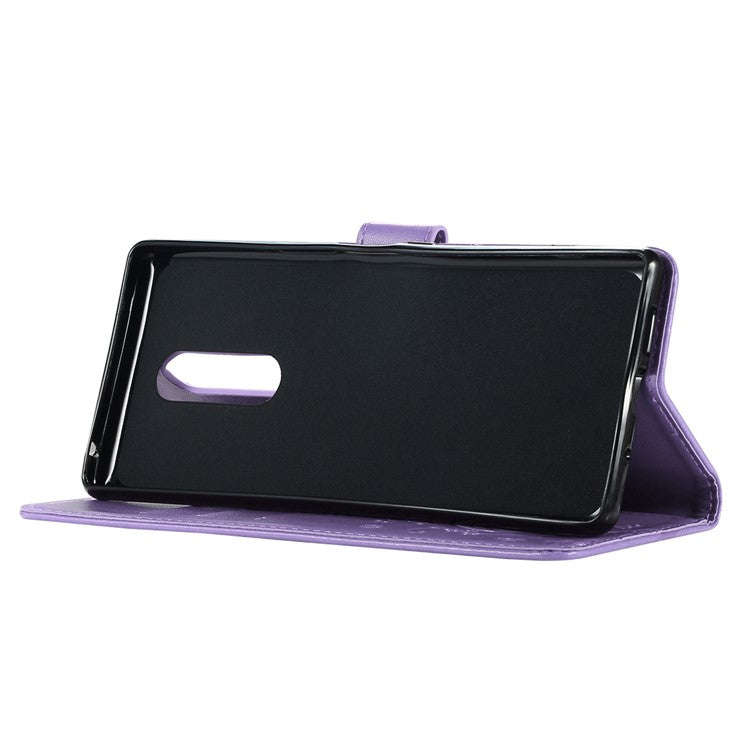 Imprint Butterfly Flower Cell Phone Leather Wallet Case for Sony Xperia 1 - Purple