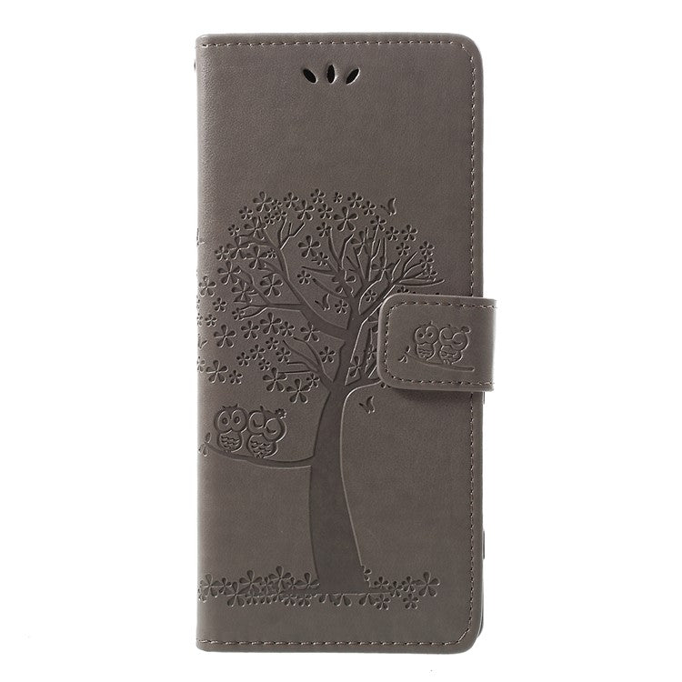Imprint Tree Owl Leather Wallet Stand Case for Sony Xperia 1 - Grey