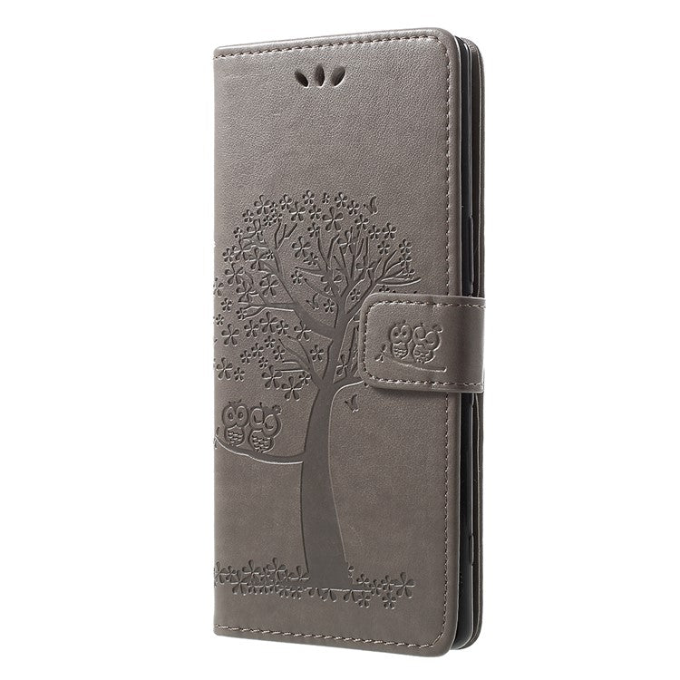 Imprint Tree Owl Leather Wallet Stand Case for Sony Xperia 1 - Grey