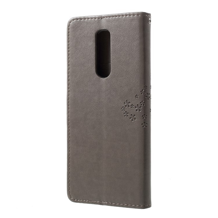 Imprint Tree Owl Leather Wallet Stand Case for Sony Xperia 1 - Grey
