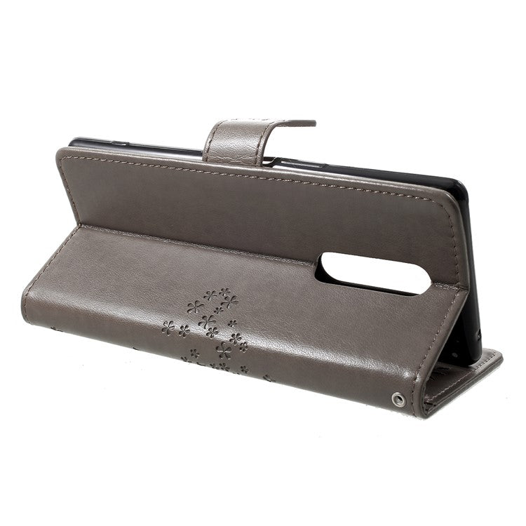 Imprint Tree Owl Leather Wallet Stand Case for Sony Xperia 1 - Grey