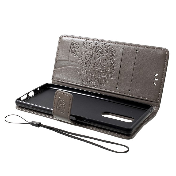 Imprint Tree Owl Leather Wallet Stand Case for Sony Xperia 1 - Grey