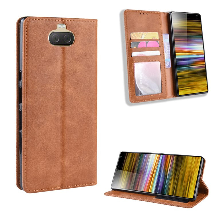 Vintage Style PU Leather Wallet Mobile Phone Cover for Sony Xperia 10 Plus - Brown