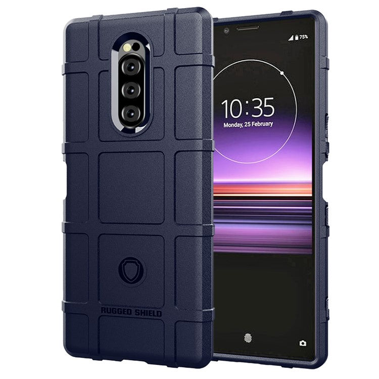 Rugged Square Grid Texture Anti-shock TPU Phone Cover for Sony Xperia 1 - Dark Blue