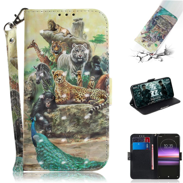 Light Spot Decor Pattern Printing PU Leather Stand Wallet Cover for Sony Xperia 1 - Animals Getting Together