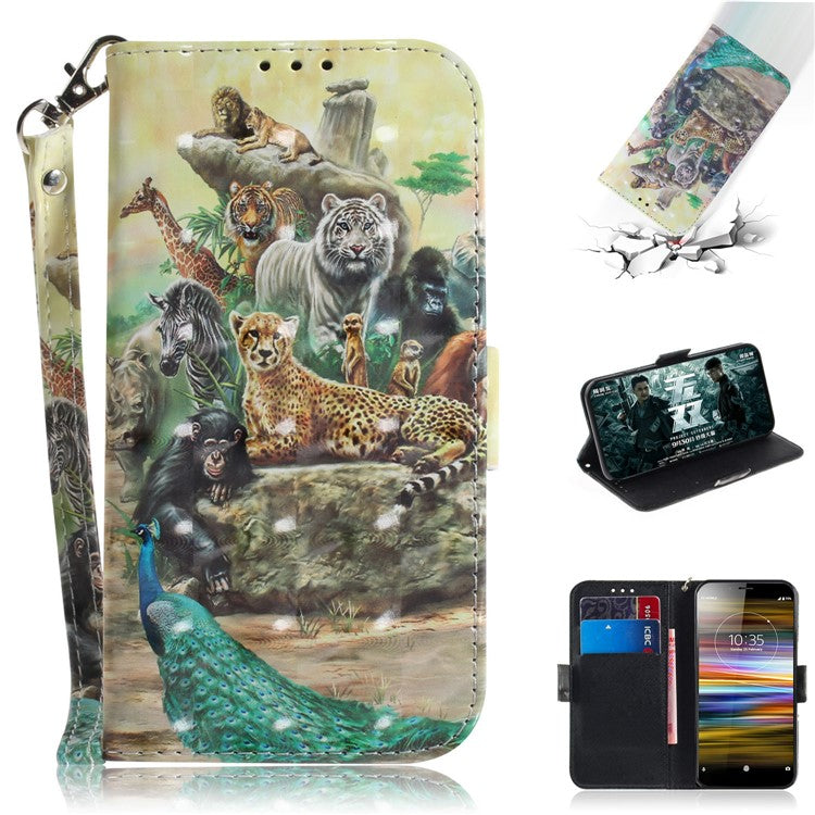 Pattern Printing / Light Spot Decor / Leather Wallet Case for Sony Xperia L3 - Animals Getting Together