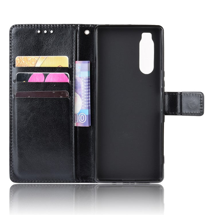 Crazy Horse Skin Leather Wallet Phone Shell for Sony Xperia 5 - Black