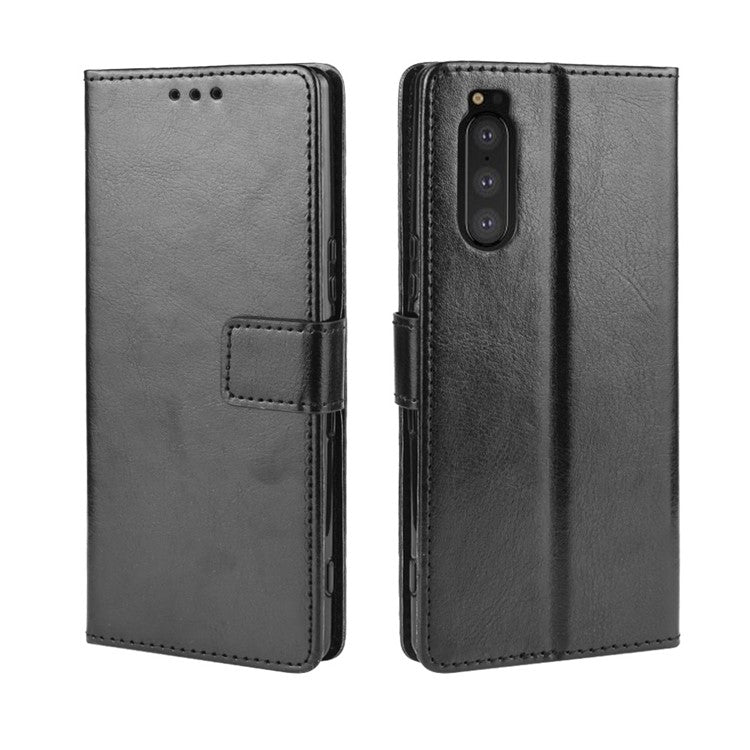 Crazy Horse Skin Leather Wallet Phone Shell for Sony Xperia 5 - Black