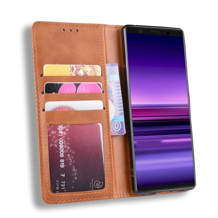 Auto-absorbed Retro Style Wallet Stand Leather Phone Cover for Sony Xperia 5 - Brown