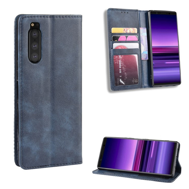 Auto-absorbed Retro Style Wallet Stand Leather Phone Cover for Sony Xperia 5 - Blue