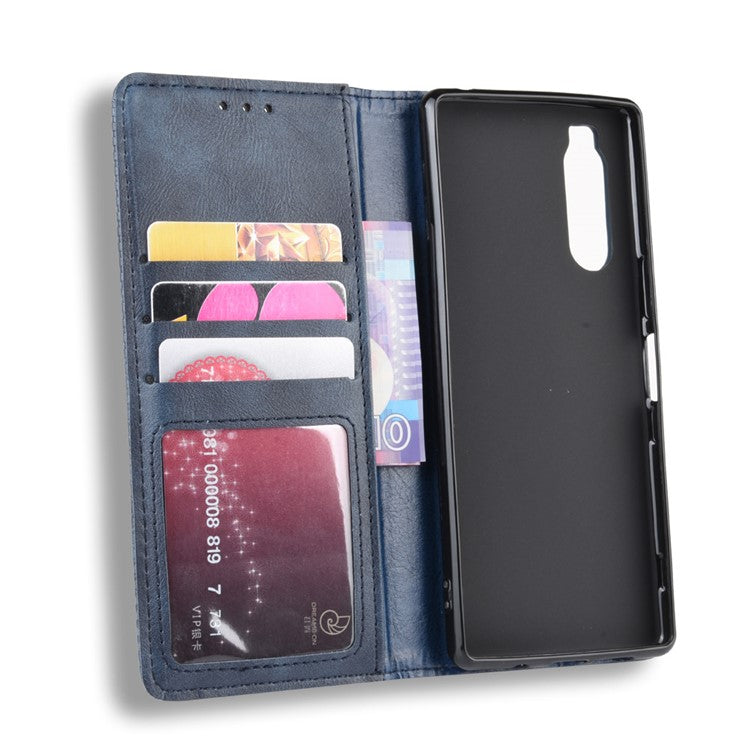 Auto-absorbed Retro Style Wallet Stand Leather Phone Cover for Sony Xperia 5 - Blue