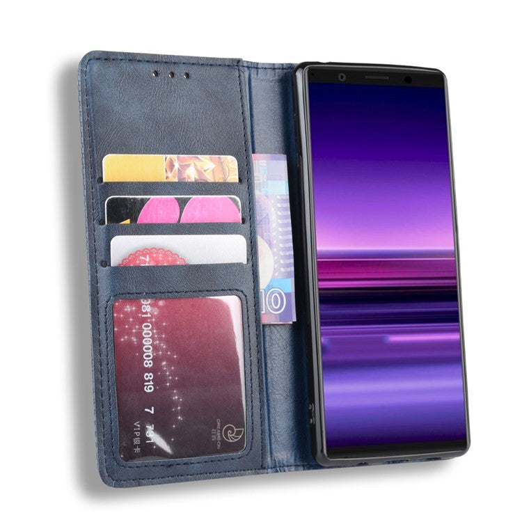 Auto-absorbed Retro Style Wallet Stand Leather Phone Cover for Sony Xperia 5 - Blue