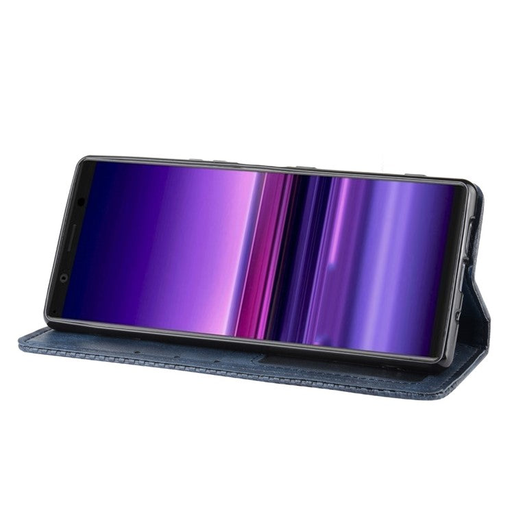 Auto-absorbed Retro Style Wallet Stand Leather Phone Cover for Sony Xperia 5 - Blue