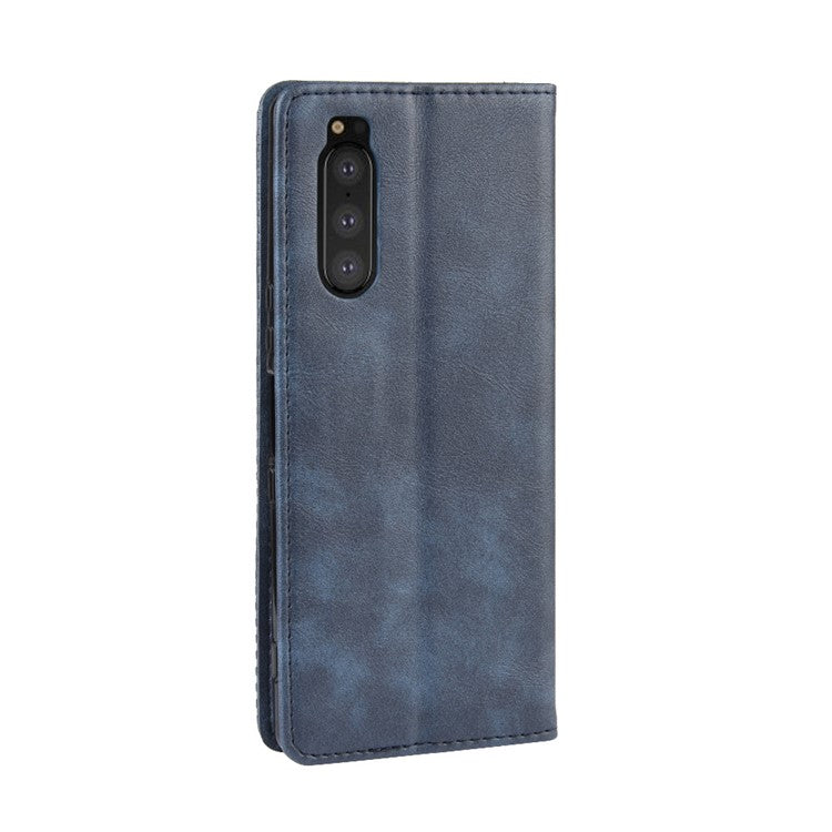 Auto-absorbed Retro Style Wallet Stand Leather Phone Cover for Sony Xperia 5 - Blue