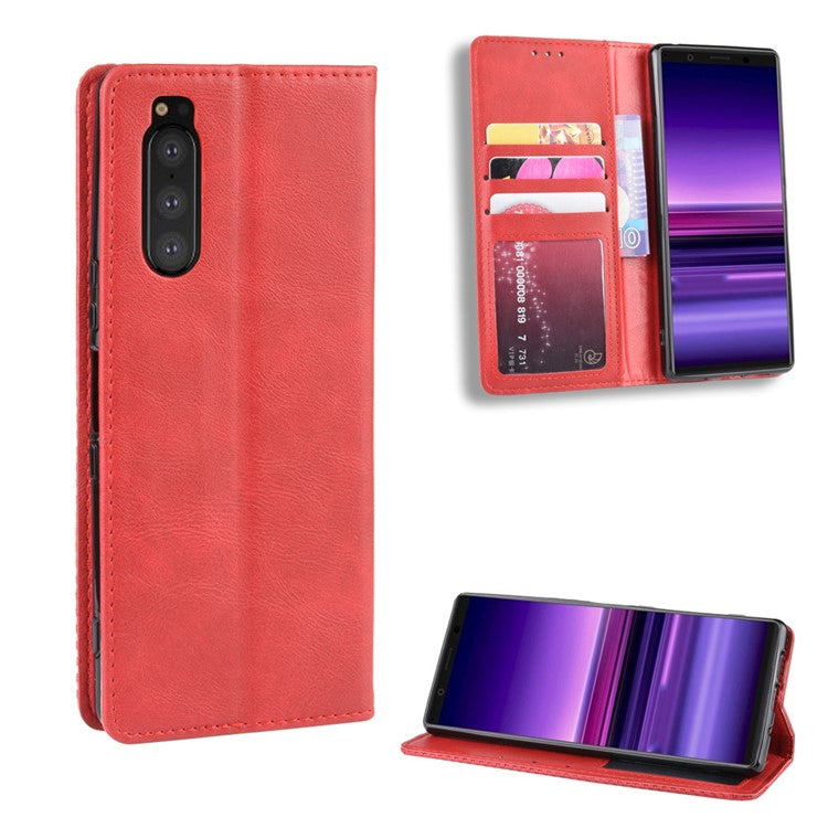 Auto-absorbed Retro Style Wallet Stand Leather Phone Cover for Sony Xperia 5 - Red