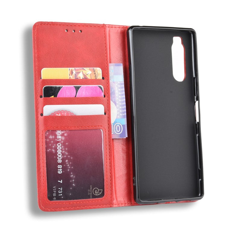 Auto-absorbed Retro Style Wallet Stand Leather Phone Cover for Sony Xperia 5 - Red