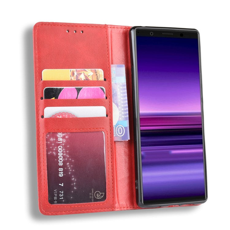 Auto-absorbed Retro Style Wallet Stand Leather Phone Cover for Sony Xperia 5 - Red