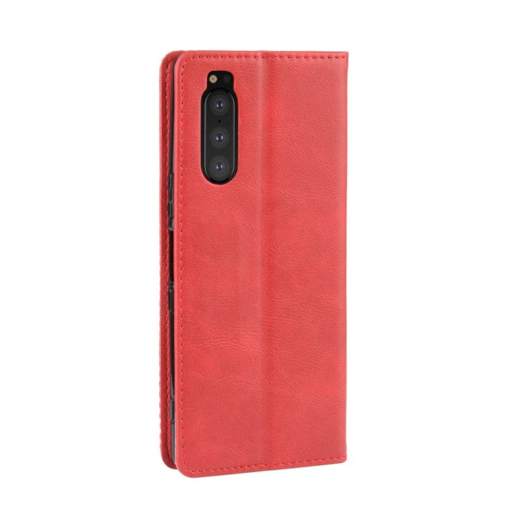 Auto-absorbed Retro Style Wallet Stand Leather Phone Cover for Sony Xperia 5 - Red