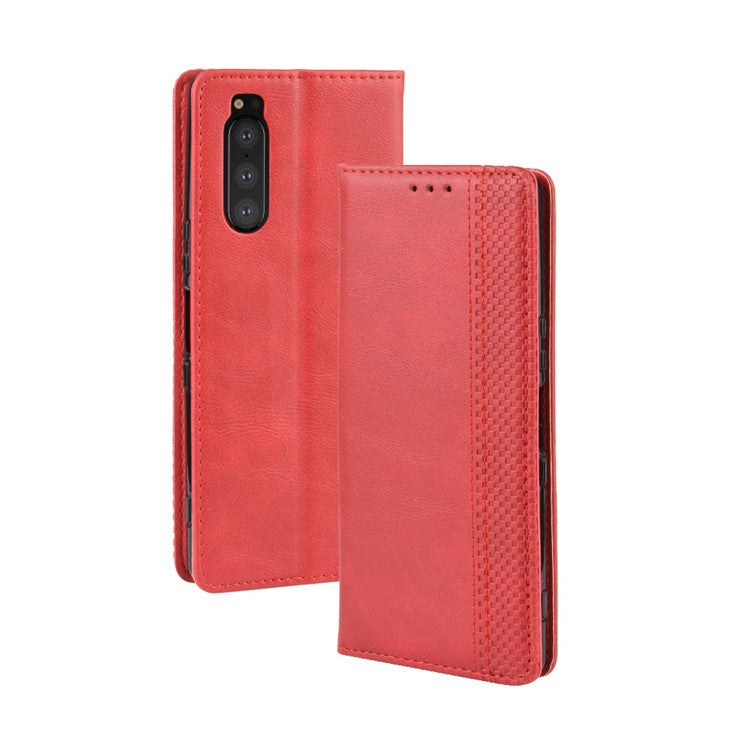 Auto-absorbed Retro Style Wallet Stand Leather Phone Cover for Sony Xperia 5 - Red