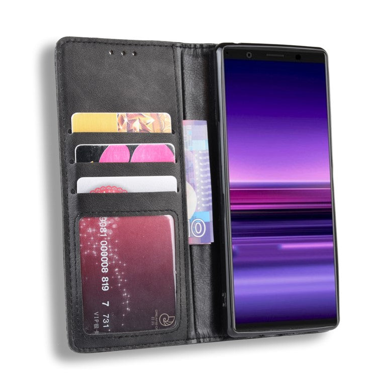 Auto-absorbed Retro Style Wallet Stand Leather Phone Cover for Sony Xperia 5 - Grey