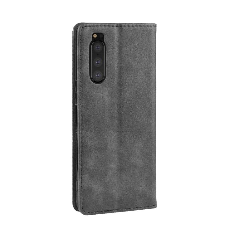 Auto-absorbed Retro Style Wallet Stand Leather Phone Cover for Sony Xperia 5 - Grey