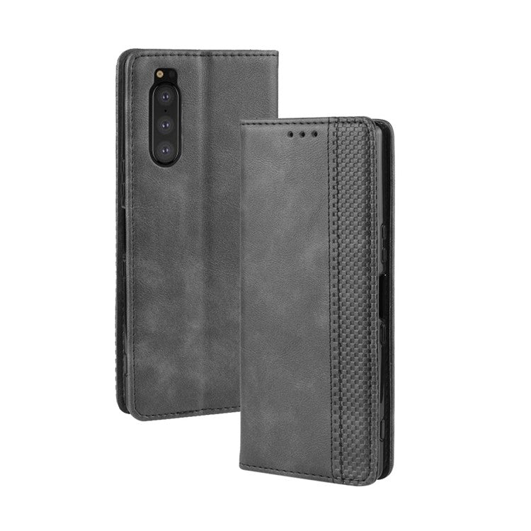 Auto-absorbed Retro Style Wallet Stand Leather Phone Cover for Sony Xperia 5 - Grey