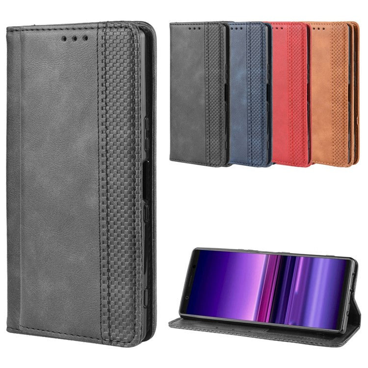 Auto-absorbed Retro Style Wallet Stand Leather Phone Cover for Sony Xperia 5 - Grey