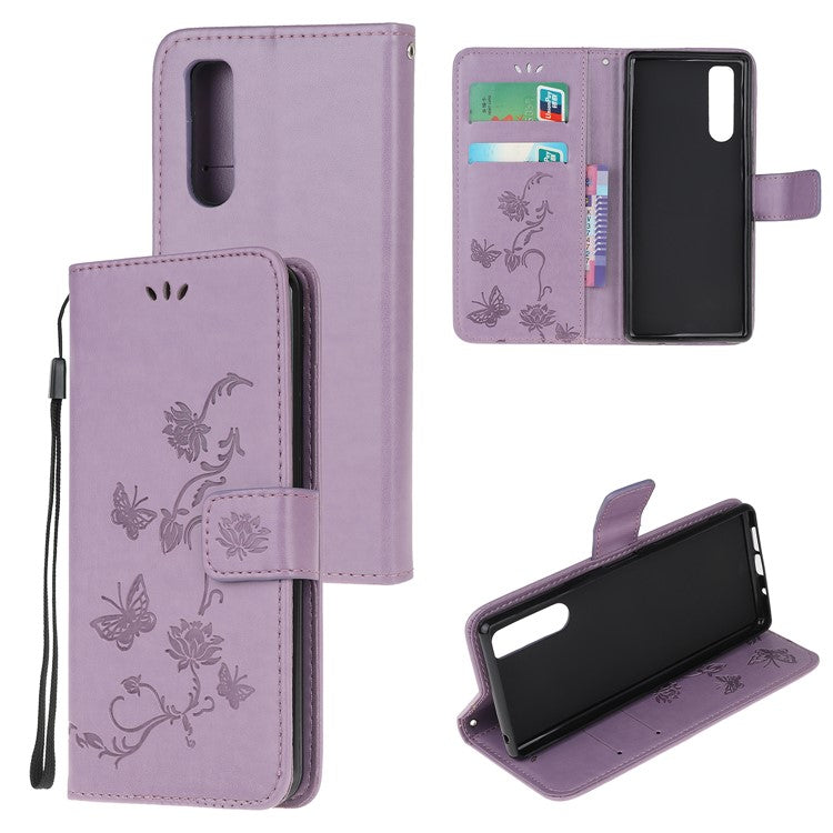 Imprint Butterfly Flower Leather Wallet Stand Case for Sony Xperia 5 - Light Purple