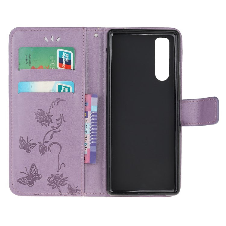 Imprint Butterfly Flower Leather Wallet Stand Case for Sony Xperia 5 - Light Purple