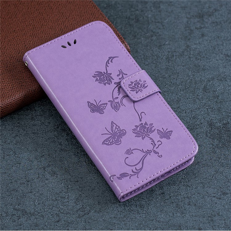 Imprint Butterfly Flower Leather Wallet Stand Case for Sony Xperia 5 - Light Purple