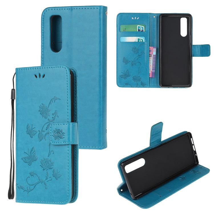 Imprint Butterfly Flower Leather Wallet Stand Case for Sony Xperia 5 - Blue