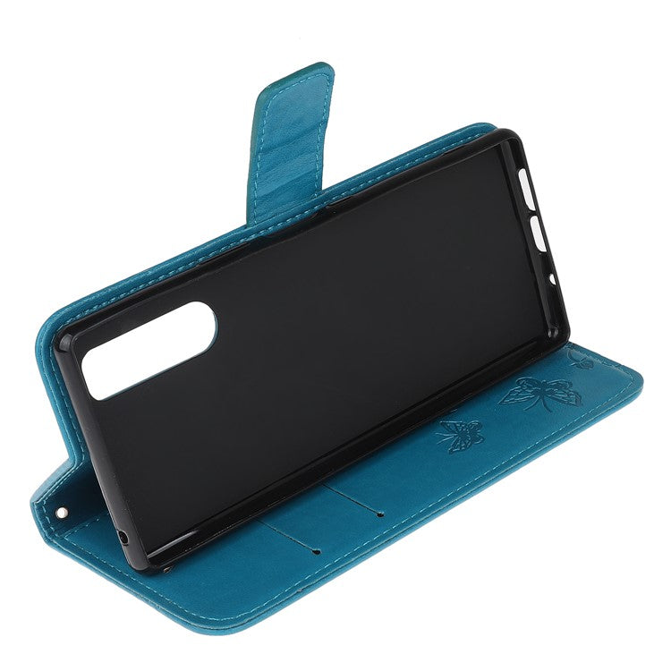 Imprint Butterfly Flower Leather Wallet Stand Case for Sony Xperia 5 - Blue