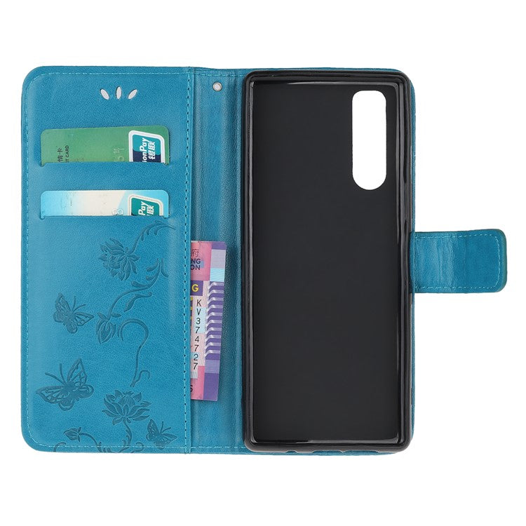 Imprint Butterfly Flower Leather Wallet Stand Case for Sony Xperia 5 - Blue