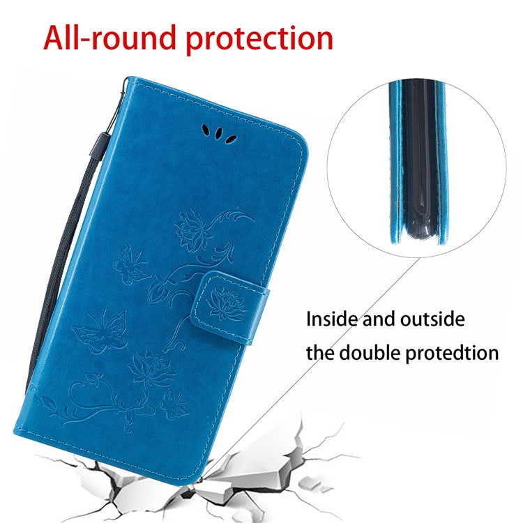 Imprint Butterfly Flower Leather Wallet Stand Case for Sony Xperia 5 - Blue