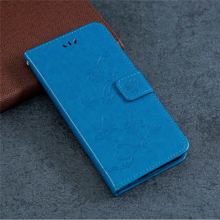 Imprint Butterfly Flower Leather Wallet Stand Case for Sony Xperia 5 - Blue