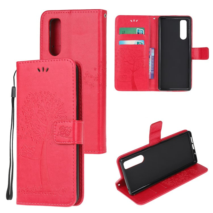 Imprint Tree Owl Leather Wallet Case for Sony Xperia 5 - Red