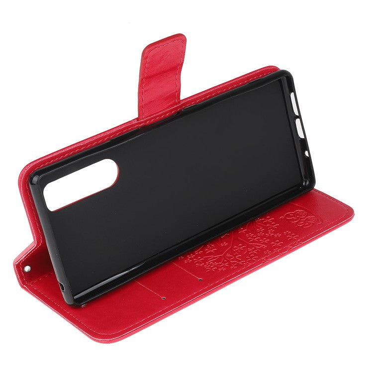 Imprint Tree Owl Leather Wallet Case for Sony Xperia 5 - Red