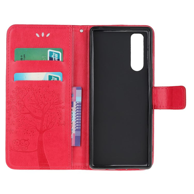 Imprint Tree Owl Leather Wallet Case for Sony Xperia 5 - Red
