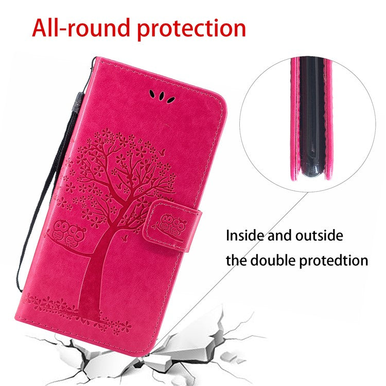 Imprint Tree Owl Leather Wallet Case for Sony Xperia 5 - Red