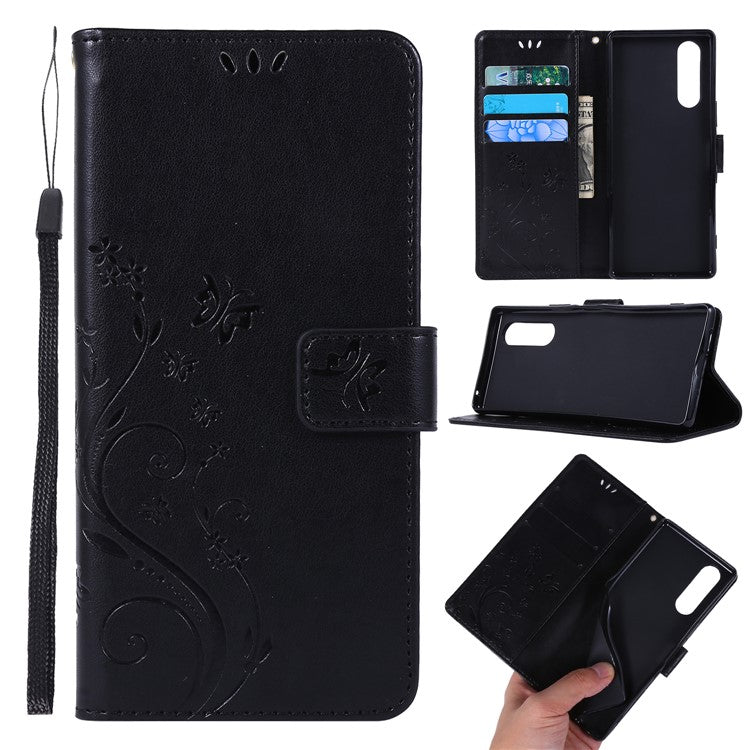 Imprint Butterflies Wallet Stand Flip Leather Case for Sony Xperia 5 - Black