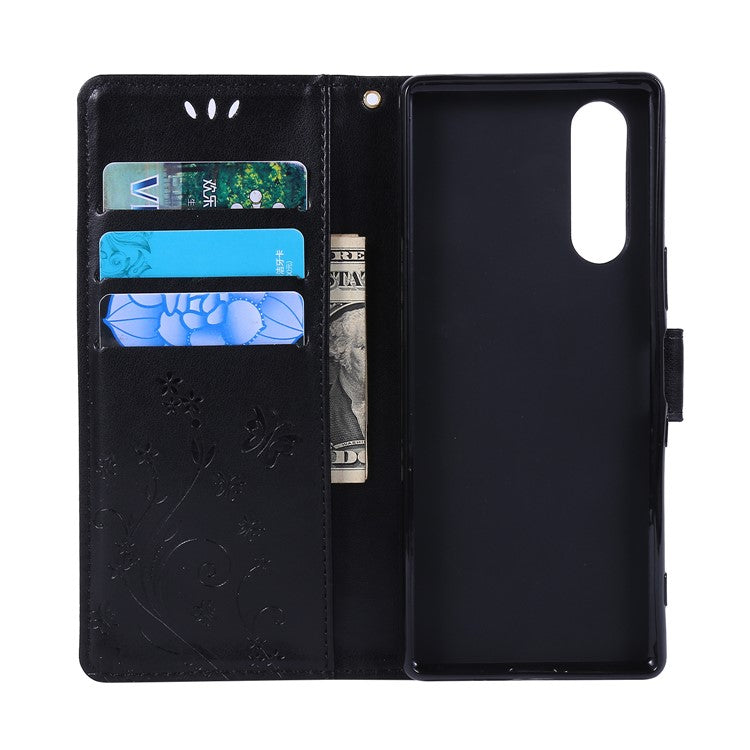 Imprint Butterflies Wallet Stand Flip Leather Case for Sony Xperia 5 - Black