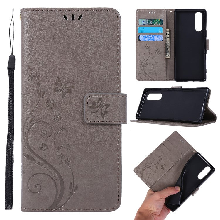 Imprint Butterflies Wallet Stand Flip Leather Case for Sony Xperia 5 - Grey