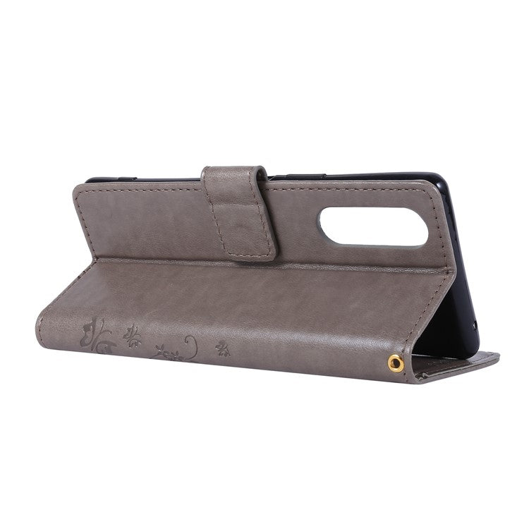 Imprint Butterflies Wallet Stand Flip Leather Case for Sony Xperia 5 - Grey