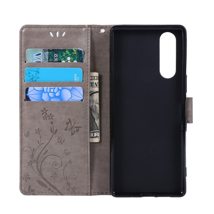 Imprint Butterflies Wallet Stand Flip Leather Case for Sony Xperia 5 - Grey