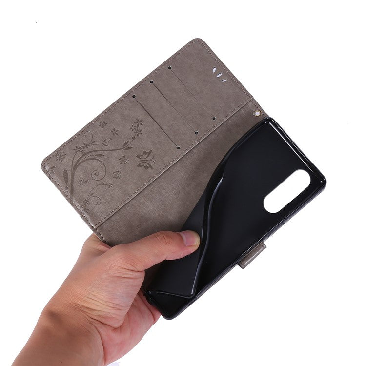 Imprint Butterflies Wallet Stand Flip Leather Case for Sony Xperia 5 - Grey