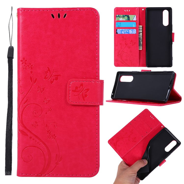 Imprint Butterflies Wallet Stand Flip Leather Case for Sony Xperia 5 - Red