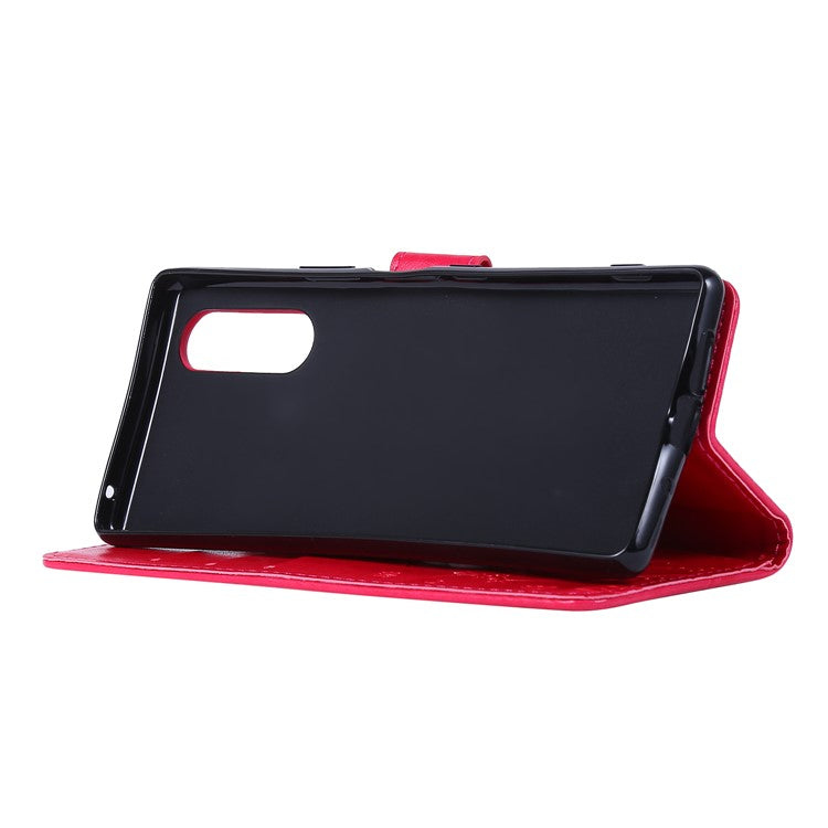 Imprint Butterflies Wallet Stand Flip Leather Case for Sony Xperia 5 - Red